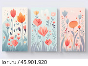 Blooming flowers creating a vibrant botanical garden triptych. Стоковое AI-изображение, AI-художник Иван Рябоконь / Фотобанк Лори