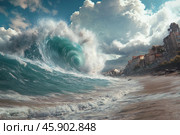 Huge ocean wave crashing on the shore near a city, dramatic sky with clouds, concept of tsunami, natural disaster, climate change and global warming. Стоковое фото, фотограф Ольга Ильина / Фотобанк Лори
