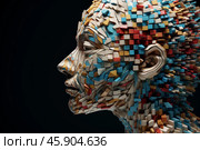 Colorful voxel art depicting human head emerging from darkness. Стоковое AI-изображение, AI-художник Иван Рябоконь / Фотобанк Лори
