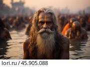 Indian sadhu bathing in the ganges river during kumbh mela festival. Стоковое AI-изображение, AI-художник Иван Рябоконь / Фотобанк Лори