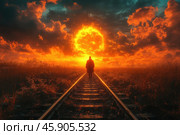 A man walking along the railroad tracks towards a bright, blazing sun hanging low over the horizon. The atmosphere of the painting is dramatic and mystical, thanks to the rich orange-red hues of the sunset filling the entire space. The sky is covered with thick clouds, illuminated by the fiery colors of the sunset. Around the tracks there is a field of tall grass and flowers, which are illuminated by a warm light. The man in a long coat creates a sense of loneliness and some kind of fateful goal. The painting evokes a feeling of epicness and deep thoughtfulness. Стоковое AI-изображение, AI-художник Анна Кривицкая / Фотобанк Лори