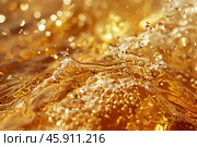 Golden liquid splashing and forming bubbles and ripples. Стоковое AI-изображение, AI-художник Иван Рябоконь / Фотобанк Лори