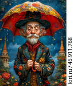Ole Lukoje is a literary character from a fairy tale by Hans Christian Andersen. For children who have behaved well, an umbrella with beautiful pictures is intended, thanks to which they see beautiful, pleasant dreams. Стоковое AI-изображение, AI-художник Сергей Елизарьев / Фотобанк Лори