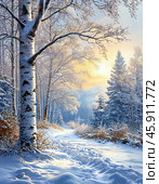 White birch on a frosty sunny morning. Winter landscape. Стоковое AI-изображение, AI-художник Сергей Елизарьев / Фотобанк Лори