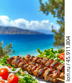 Delicious shashlik on skewers against the backdrop of the sea. Beautiful nature. Стоковое AI-изображение, AI-художник Сергей Елизарьев / Фотобанк Лори