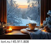 Cup of hot tea on the windowsill, ornate frosty lines on the transparent glass of the window. Early morning, sunrise, winter landscape outside the window. Стоковое AI-изображение, AI-художник Сергей Елизарьев / Фотобанк Лори