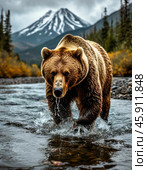 Brown bear hunts salmon in a taiga river, which goes to spawn. Стоковое AI-изображение, AI-художник Сергей Елизарьев / Фотобанк Лори