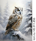 The eagle owl (Lat. Bubo bubo, Old Russian: pugač - literally "frightening, terrible") is a species of bird of prey from the owl family, one of the largest representatives of the order of owls. The most characteristic features include a massive "barrel-shaped" body type, loose plumage with a predominance of reddish and ocher shades, bright orange eyes and tufts of elongated feathers above them (the so-called "feather ears"). Стоковое AI-изображение, AI-художник Сергей Елизарьев / Фотобанк Лори