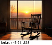 Rocking chair in the rays of the rising sun. Rocking chairs are believed to have a calming effect. Стоковое AI-изображение, AI-художник Сергей Елизарьев / Фотобанк Лори