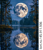 Bright disk of the moon, full moon. Night landscape. Стоковое AI-изображение, AI-художник Сергей Елизарьев / Фотобанк Лори