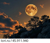 Bright disk of the moon, full moon. Night landscape. Стоковое AI-изображение, AI-художник Сергей Елизарьев / Фотобанк Лори