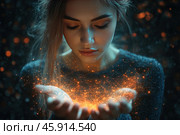 A young woman with her eyes closed, looking intently at her open palms. A soft glow emanates from her hands, consisting of many bright orange sparks and glowing lines, creating the effect of magical energy or magic dust. The woman's hair is slightly disheveled, falling on her face, adding naturalness and softness to the image.The background is darkened, which enhances the contrast between the dark atmosphere and the bright light emanating from her palms. The bokeh effect in the background creates a sense of mystery and depth, enhancing the mystical atmosphere of the scene. The overall tone of the image is a combination of cold and warm shades, which emphasizes the balance between calm and magic. Стоковое AI-изображение, AI-художник Анна Кривицкая / Фотобанк Лори