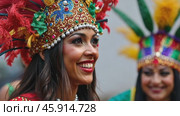 Colorful Headdress Worn by Woman Celebrating Carnival in Brazil Brings Joy and Energy to the Festive Atmosphere. Стоковое AI-видео, аниматор Sergey Grishin / Фотобанк Лори