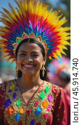 Colorful Headdress Shines as Woman Smiles During Vibrant Carnival Celebration. Стоковое AI-видео, аниматор Sergey Grishin / Фотобанк Лори