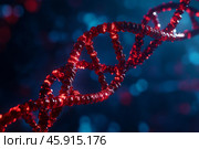 Vibrant red DNA helix set against a dark blue background. Visual of DNA double helix structure. DNA Strands. Genetic exploration, genome sequencing, change, biological kinship and genetic legacy. Стоковое AI-изображение, AI-художник Марина Демидюк / Фотобанк Лори