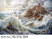 A picturesque seascape with high, stormy surf crashing onto a rocky shore. On top of the cliff stands a massive structure - probably an ancient lighthouse or a fortress with rich architecture: towers, arches and massive stone walls. The building looks stable and impressive, which symbolizes its resistance to the indomitable elements. The sea is depicted with dynamic waves, foam and whirlpools, emphasizing the power and strength of nature. In the background, sailboats are visible, struggling with the waves. The sky is covered with thick clouds, creating a dramatic and disturbing mood. The overall composition conveys the struggle of man and his creations with the elements of nature. Стоковое AI-изображение, AI-художник Анна Кривицкая / Фотобанк Лори