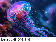 Bioluminescent jellyfish glowing in dark ocean depths creating a stunning spectacle. Стоковое AI-изображение, AI-художник Иван Рябоконь / Фотобанк Лори