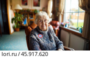 Elderly Woman With "I Voted" Badge. Стоковое AI-изображение, AI-художник Решат Алиев / Фотобанк Лори