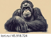 An expressive portrait of an orangutan, made using the line drawing technique with black strokes on a light beige background. The animal is depicted in a calm pose, with its hands folded in front of it. The detailing of the fur and facial features conveys the wisdom and thoughtfulness inherent in these primates. Particular attention is paid to the texture and depth of the lines, which makes the image expressive and rich. The background is uniform, which helps to focus attention on the figure of the orangutan. This style is reminiscent of engravings or old illustrations from scientific books about nature. Стоковое AI-изображение, AI-художник Анна Кривицкая / Фотобанк Лори