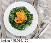Chicken breast with spinach in bechamel sauce close up. Стоковое фото, фотограф Яков Филимонов / Фотобанк Лори