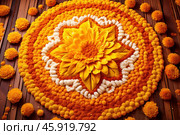 Marigold flower rangoli design for diwali or onam festival celebration. Стоковое AI-изображение, AI-художник Иван Рябоконь / Фотобанк Лори