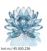 Beautiful light blue glass lotus flower reflecting on white background. Стоковое AI-изображение, AI-художник Иван Рябоконь / Фотобанк Лори