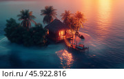 Romantic beachfront cottage illuminated at night surrounded by calm waters and palm trees in a tropical paradise. Стоковое AI-изображение, AI-художник Михаил Коханчиков / Фотобанк Лори