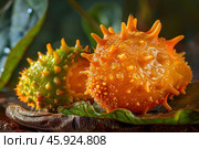 Ripe and unripe kiwano fruits resting on leaves. Стоковое AI-изображение, AI-художник Иван Рябоконь / Фотобанк Лори