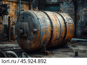 Old rusty industrial autoclave standing in abandoned factory workshop. Стоковое AI-изображение, AI-художник Иван Рябоконь / Фотобанк Лори