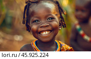international Day of the African Child, portrait of little Aphrodite, happy smiling child, national costume and jewelry. Стоковое AI-изображение, AI-художник Светлана Леуто / Фотобанк Лори