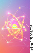 Atom orbiting electrons glowing energy structure physics science. Стоковое AI-изображение, AI-художник Юрий Поздников / Фотобанк Лори