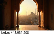 Beautiful Ramadan Kareem View From Mosque Window at Sunset With Minarets and Domes in the Background. Стоковое AI-изображение, AI-художник Sergey Grishin / Фотобанк Лори