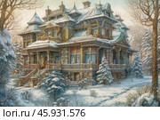 An old wooden house in the Russian style, immersed in a winter landscape. The building is decorated with exquisite carvings: window frames, cornices and columns are richly decorated with complex patterns. The roof of the house is covered with snow, and its shapes have a multi-layered and complex architecture with turrets and slopes, which gives the house a fairy-tale look. The windows are large, with beautiful frames, through which, perhaps, soft light breaks through.In front of the house are snow-covered firs and bushes, creating an atmosphere of coziness and privacy. The ground is also covered with a thick layer of snow, on which tracks leading to the house are visible. Around the house there is a winter forest: bare trees, lightly dusted with snow, emphasize the silence and cold beauty of nature. The warm light of the sunset in the background enhances the romance and atmosphere of the scene. Стоковое AI-изображение, AI-художник Анна Кривицкая / Фотобанк Лори