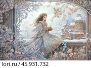 A graceful girl in a long, intricately ornamented dress. She stands on a balcony with richly decorated carved railings, decorated with floral patterns and ornate elements. Her light curly hair gently flutters in the wind, and in her hands she holds a small bouquet of flowers.In the background, a snow-covered winter city is visible with domes and roofs covered with snow. Trees without leaves emphasize the winter atmosphere. A round arch with ornaments frames the composition, complementing its fairy-tale character. Delicate colors - blue, pink and white - give the picture lightness and sophistication, creating the atmosphere of a Russian winter fairy tale. Стоковое AI-изображение, AI-художник Анна Кривицкая / Фотобанк Лори
