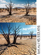 Scene of dead trees on dry cracked desert earth, skyline panoramic view. Scenery drought, water crisis and world climate change. Global geology earth ecology problem concept. Copy ad text space. Стоковое AI-изображение, AI-художник Aleksandr Golubev / Фотобанк Лори