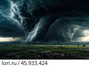 Massive tornado backdrop, huge cyclone, scene apocalyptic feeling. Thunderstorm landscape of natural disaster, nature scenery. Global earth ecology problem, climate change concept. Copy ad text space. Стоковое AI-изображение, AI-художник Aleksandr Golubev / Фотобанк Лори