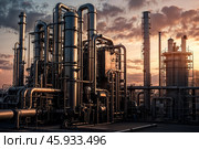 Industrial factory, furnace and heat exchanger cracking hydrocarbons at sunset background. Equipment petrochemical plant with pipes. Manufacturing and industry technology concept. Copy ad text space. Стоковое AI-изображение, AI-художник Aleksandr Golubev / Фотобанк Лори
