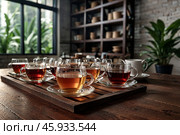 Collection of variety ceylon teas on wooden table in meeting room at manufacturing plant on tea factory, still life. Demonstration perfect tea set, close-up. Tea production concept. Copy ad text space. Стоковое AI-изображение, AI-художник Aleksandr Golubev / Фотобанк Лори