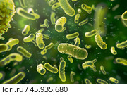3d illustration of bacteria cells with a green background. Стоковое AI-изображение, AI-художник Иван Рябоконь / Фотобанк Лори
