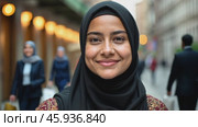 Young Muslim Woman Smiles in Urban Setting With Bokeh Lights During Late Afternoon Stroll. Стоковое AI-видео, аниматор Sergey Grishin / Фотобанк Лори