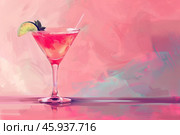 Pink cosmopolitan cocktail painting with lime and mint garnish. Стоковое AI-изображение, AI-художник Иван Рябоконь / Фотобанк Лори