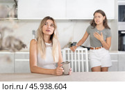 Middle-aged woman sitting at the table while a girl is disputing with her standing behind. Стоковое фото, фотограф Яков Филимонов / Фотобанк Лори