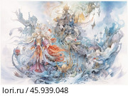 A complex composition in watercolor style, executed in a fantastic manner. In the center of the composition are several characters with long flowing hair and elegant outfits decorated with complex details. One of them stands in a majestic pose, dressed in a bright dress with red and purple shades, and in the background rises a figure in a crown, symbolizing a ruler or deity. Around the characters are swirling streams, abstract elements resembling clouds, rocks or water currents. There are fantastic landscapes with floating islands and details similar to ships or architectural elements. Стоковое AI-изображение, AI-художник Анна Кривицкая / Фотобанк Лори