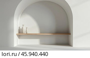 A minimalist bright room featuring an arched alcove with a wooden shelf and vases. Стоковое AI-изображение, AI-художник Михаил Строгалев / Фотобанк Лори