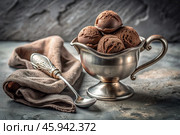Sweet dessert. The love of ice cream. Balls of chocolate ice cream in a creamer. Ice cream day. Banner, advertisement. Стоковое AI-изображение, AI-художник Photojuli / Фотобанк Лори