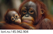 An orangutan mother and her baby. Their faces express tenderness and calm. The mother carefully and lovingly holds the baby close to her, creating an atmosphere of warmth and security. Both have large, expressive eyes, conveying the emotional connection between them. Their thick reddish fur complements the overall picture. The background is blurred, which allows you to focus on the main characters of the image. Стоковое AI-изображение, AI-художник Анна Кривицкая / Фотобанк Лори