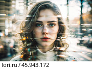 Portrait of a young woman. Conceptual artistic close-up image against the background of a city with double exposure and visual effects. An advertising move. Стоковое AI-изображение, AI-художник Photojuli / Фотобанк Лори