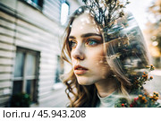 Portrait of a young woman. Conceptual artistic close-up image against the background of a city with double exposure and visual effects. An advertising move. Стоковое AI-изображение, AI-художник Photojuli / Фотобанк Лори