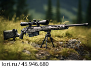 Camouflaged hunting rifle resting on a bipod in the woods. Стоковое AI-изображение, AI-художник Иван Рябоконь / Фотобанк Лори