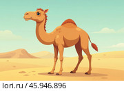 One-humped camel stands on desert sand. Arid Terrain. AI Generative. Стоковое AI-изображение, AI-художник Spirit River / Фотобанк Лори